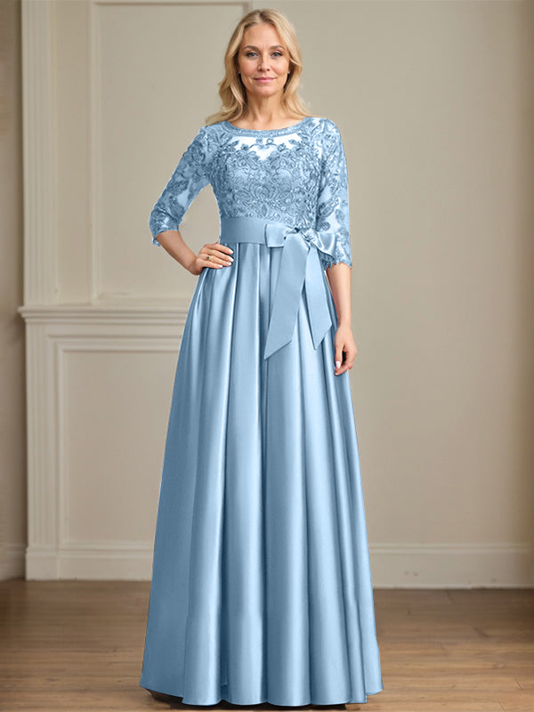 Vestido de madre de la novia de satén con encaje, corte A, escote ilusión, largo hasta el suelo, con lazo de lentejuelas