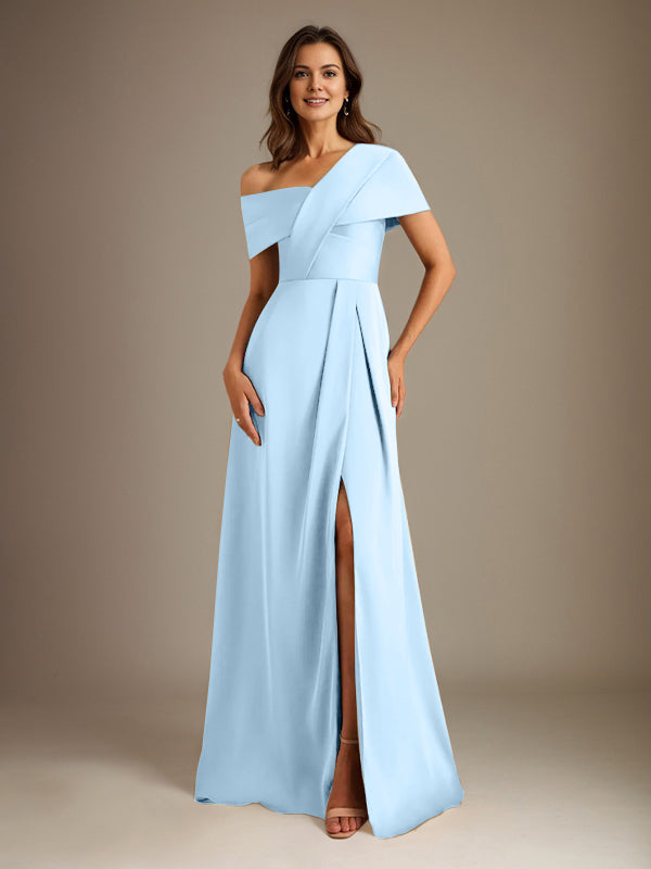 A-Line Asymmetrical Neckline Floor-Length Satin Mother of the Bride Dress With Pleated