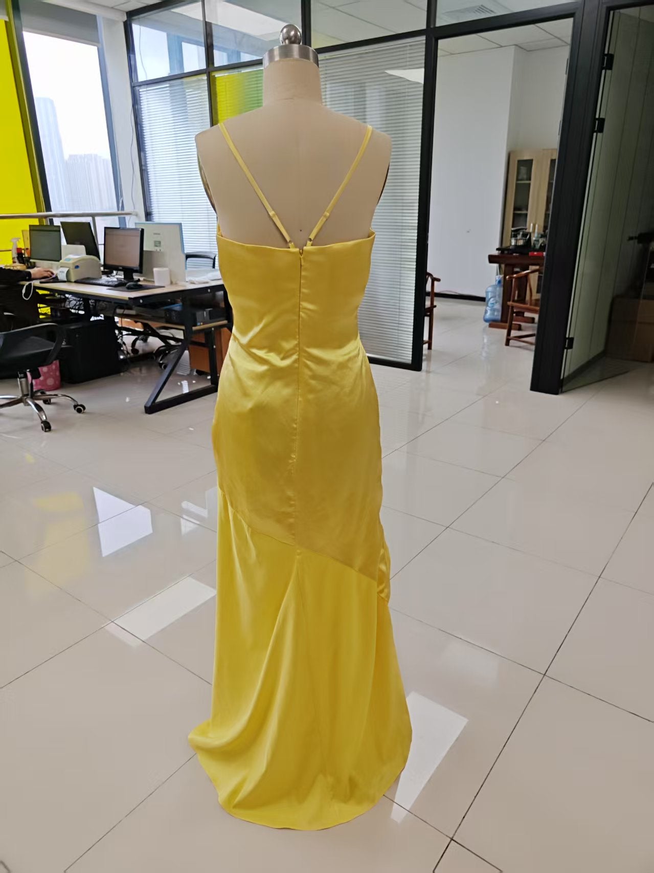 Spaghetti Strap Satin Prom Dresses Long A Line Pleated Corset Bridesmaid Formal Dress with Slit