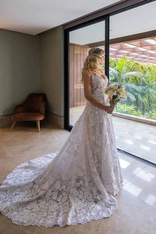 Vestido de novia blanco de encaje con mangas largas desmontables WD644