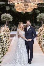 Vestido de novia blanco de encaje con mangas largas desmontables WD644