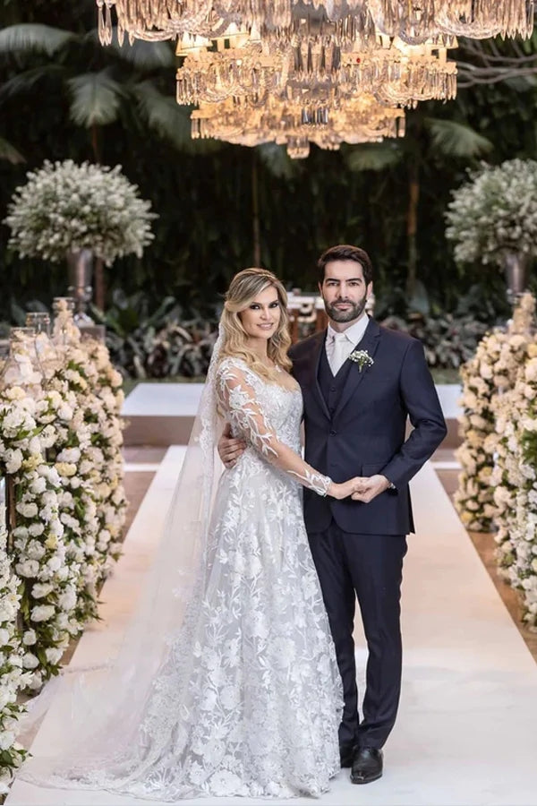 Ballkleid-Brautkleid aus Spitze in Weiß mit abnehmbaren langen Ärmeln WD644