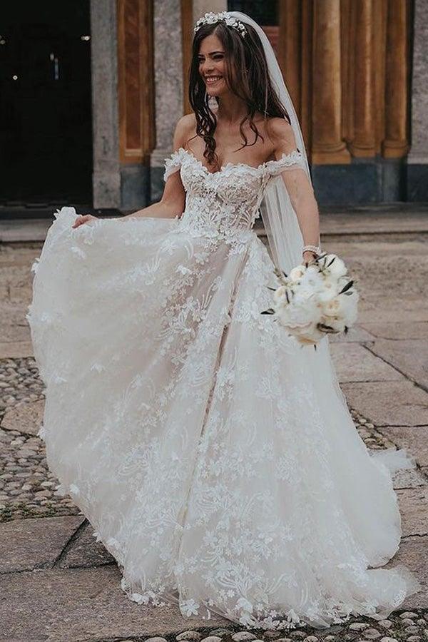 Ballkleid Off the Shoulder Tüll Brautkleider mit Spitzenapplikationen WD582