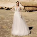 Beach Ivory Lace Wedding Dresses Illusion Long Sleeves Bridal Gowns Jewel Neck Backless Appliqued Tulle A-Line Floor Length-payinti