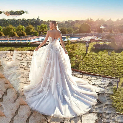 Beach Ivory Wedding Dresses for Women 2023 Summer Sweetheart A-Line Floor Length Illusion Bride Dress Bow Back Lace Applique-payinti