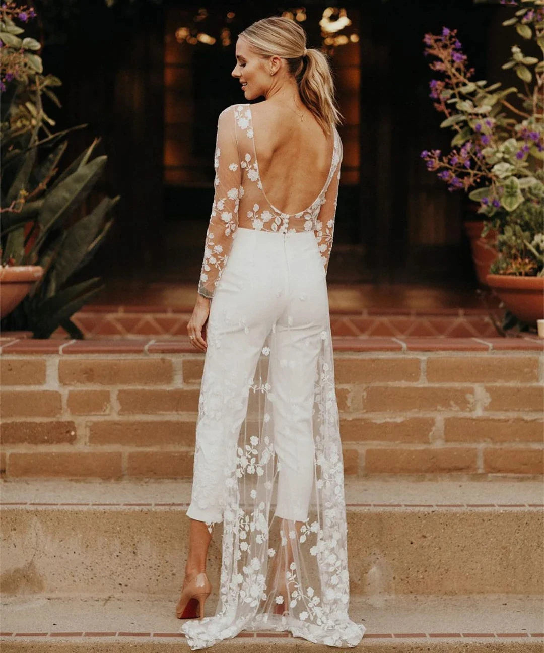 Beach Sexy Open Back Pants Suit Wedding Dresses For Women Applique Lace Long Sleeves Bridal Gowns Cheap New Vestido De Novia-payinti