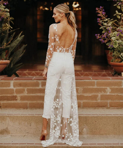 Beach Sexy Open Back Pants Suit Wedding Dresses For Women Applique Lace Long Sleeves Bridal Gowns Cheap New Vestido De Novia-payinti