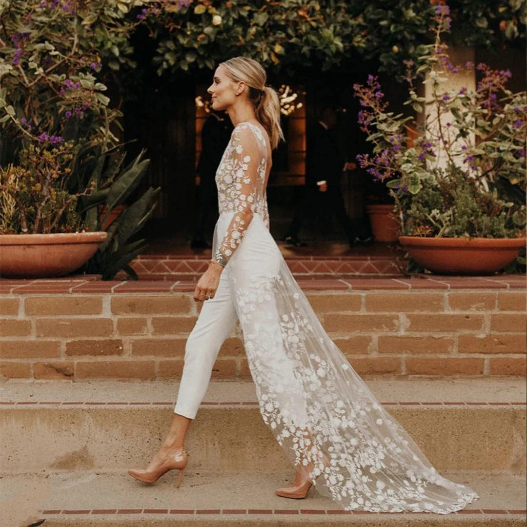 Beach Sexy Open Back Pants Suit Wedding Dresses For Women Applique Lace Long Sleeves Bridal Gowns Cheap New Vestido De Novia-payinti