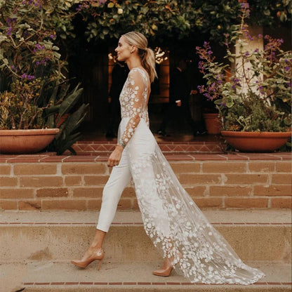 Beach Sexy Open Back Pants Suit Wedding Dresses For Women Applique Lace Long Sleeves Bridal Gowns Cheap New Vestido De Novia-payinti