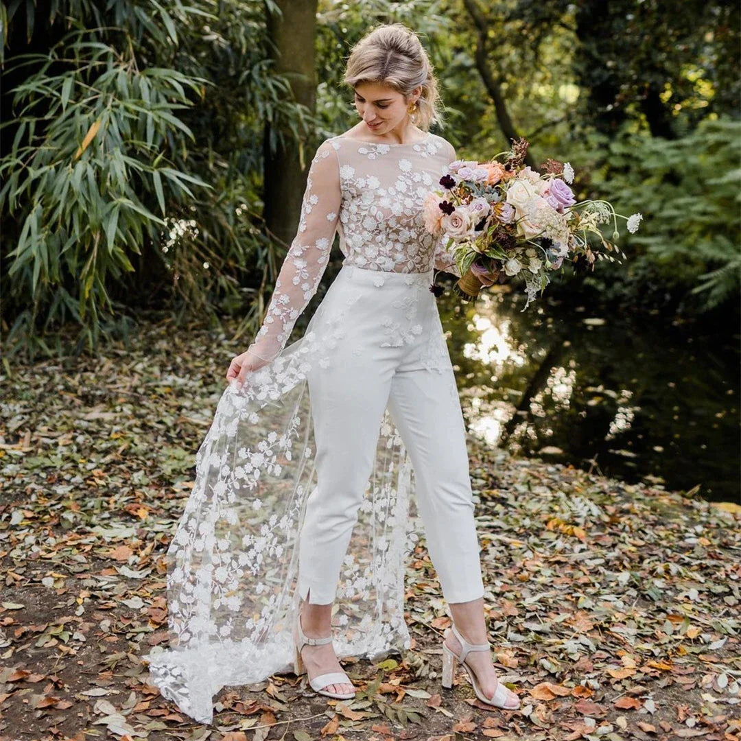 Beach Sexy Open Back Pants Suit Wedding Dresses For Women Applique Lace Long Sleeves Bridal Gowns Cheap New Vestido De Novia-payinti