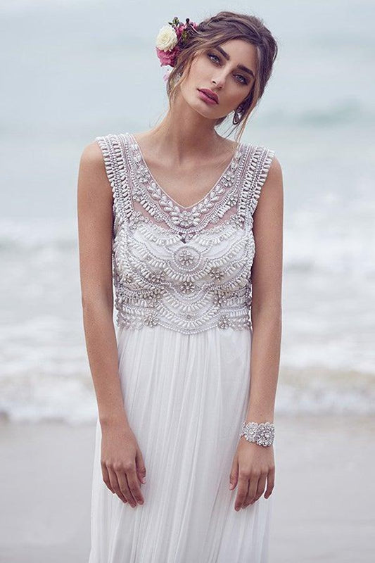 Vestidos de novia de playa, corte A, escote en V, cola corta, sexy, WD526