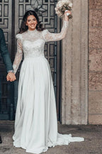 Wunderschönes A-Linien-Brautkleid aus Chiffon mit hohem Halsausschnitt und langen Ärmeln
