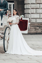 Wunderschönes A-Linien-Brautkleid aus Chiffon mit hohem Halsausschnitt und langen Ärmeln