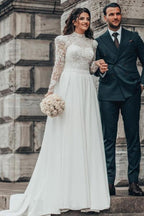 Wunderschönes A-Linien-Brautkleid aus Chiffon mit hohem Halsausschnitt und langen Ärmeln