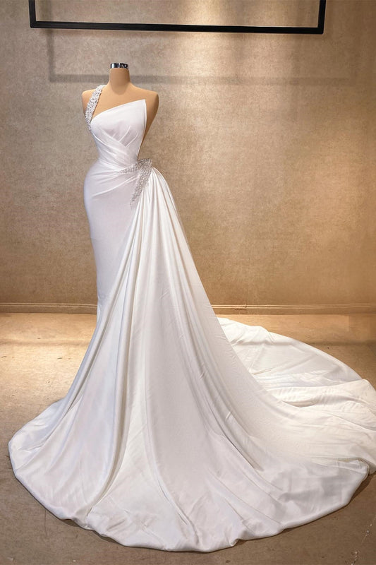 Wunderschönes A-Linie One-Shoulder Ärmelloses Strass Satin Schleppe Weißes Langes Ballkleid