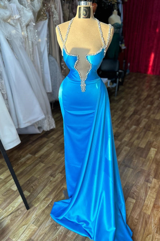 Wunderschönes Säulen-Abendkleid mit Spaghettiträgern und ärmellosen Rüschen aus Satin