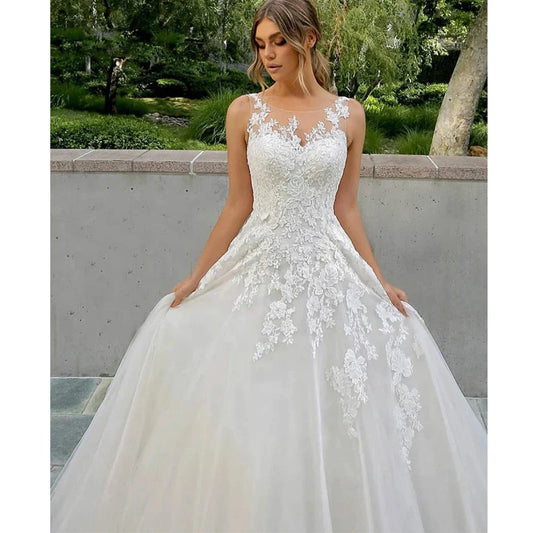 Beautiful Fascinating Sleeveless Mopping Wedding Dresses Lace Appliques Puffy Modern Gorgeous Simple Bridal Ball Gowns New 2023-payinti