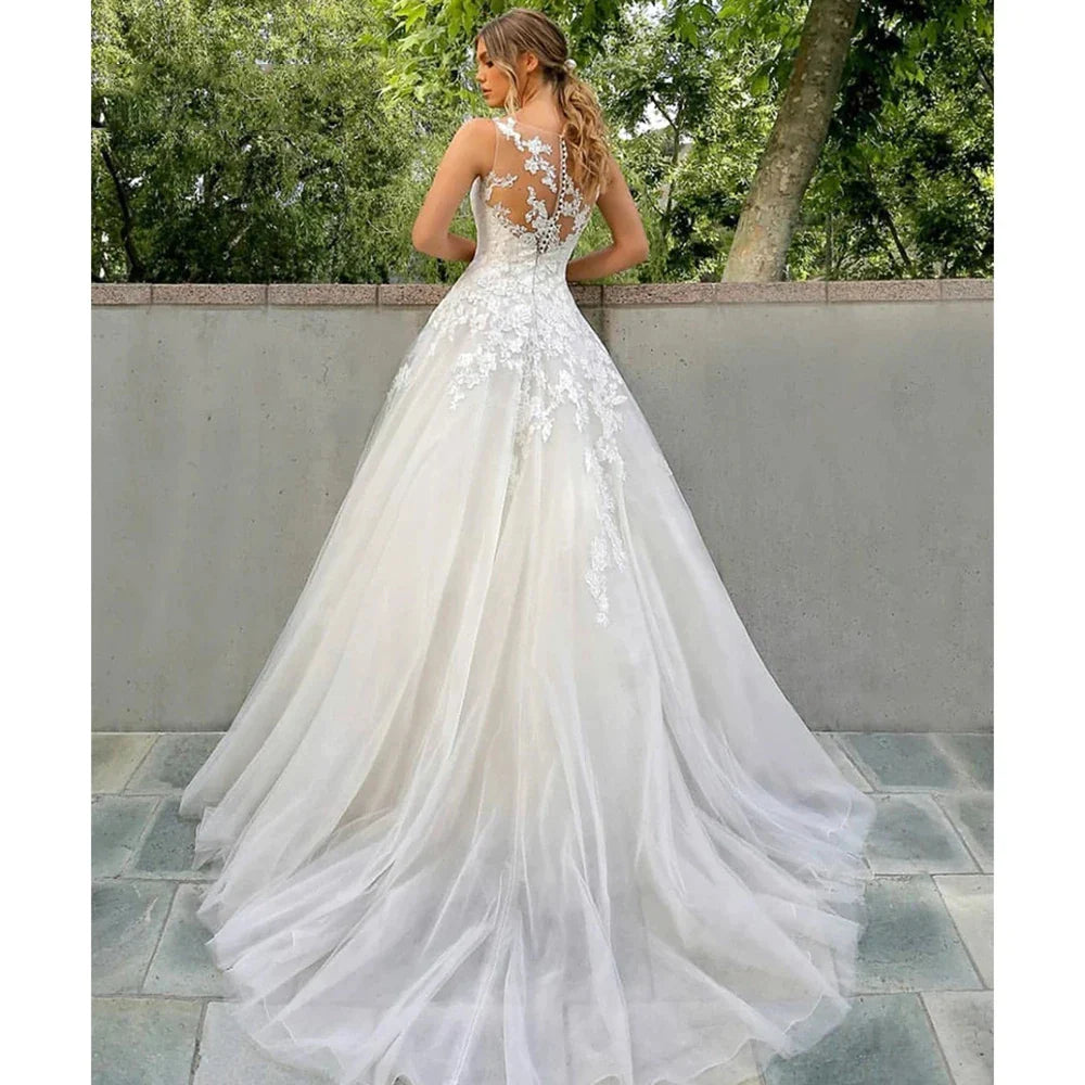 Beautiful Fascinating Sleeveless Mopping Wedding Dresses Lace Appliques Puffy Modern Gorgeous Simple Bridal Ball Gowns New 2023-payinti