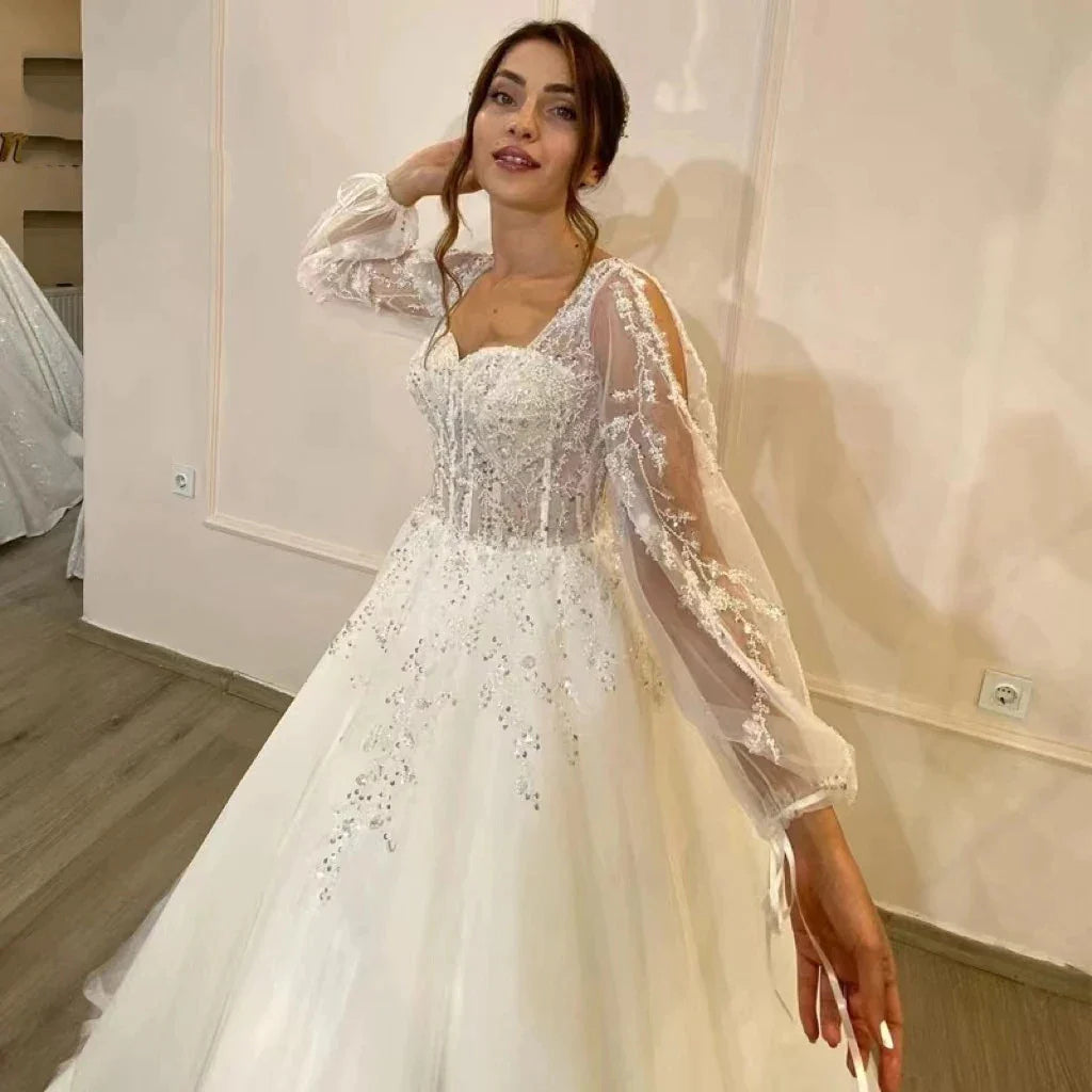 Beautiful Fluffy Long Sleeves Lace Appliques Square Neck Mopping Wedding Dresses White Fascinating Elegant Wedding Dresses Women-payinti