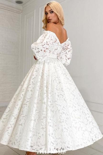 Wunderschönes langes A-Linien-Brautkleid mit schulterfreien Ärmeln und Spitze