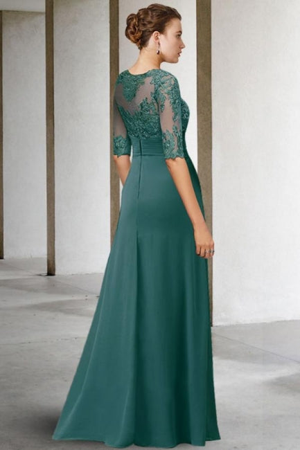 Hermosos vestidos largos de gasa con encaje en forma de A verde para madre de la novia con mangas