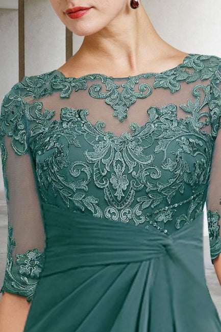 Hermosos vestidos largos de gasa con encaje en forma de A verde para madre de la novia con mangas