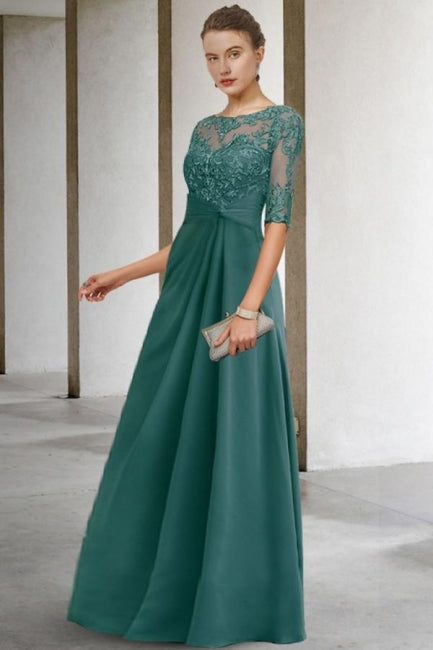 Hermosos vestidos largos de gasa con encaje en forma de A verde para madre de la novia con mangas
