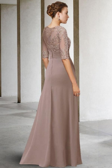 Hermosos vestidos largos de gasa con encaje en forma de A verde para madre de la novia con mangas