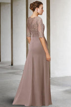 Hermosos vestidos largos de gasa con encaje en forma de A verde para madre de la novia con mangas