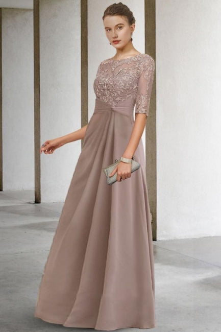Hermosos vestidos largos de gasa con encaje en forma de A verde para madre de la novia con mangas