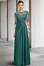 Hermosos vestidos largos de gasa con encaje en forma de A verde para madre de la novia con mangas