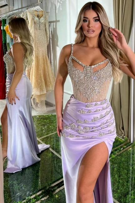 Wunderschönes langes lila Meerjungfrau-ärmelloses Juwel-Ballkleid mit Schleppe