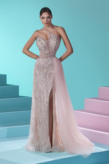Wunderschönes langes Meerjungfrau-Ballkleid mit einer Schulter und Spitzentüll