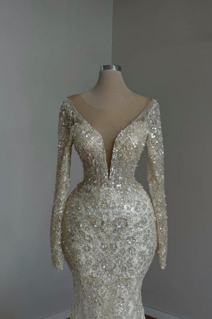 Beautiful Long Mermaid White V-neck Lace Glitter Prom Dresses With Long Sleeves