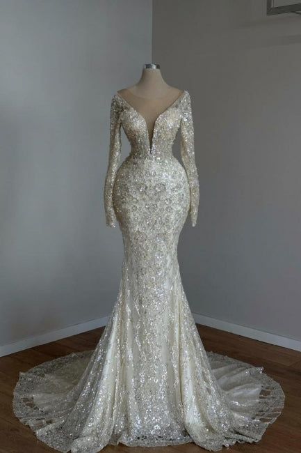 Hermosos vestidos de fiesta largos de sirena con escote en V blanco, encaje brillante y mangas largas