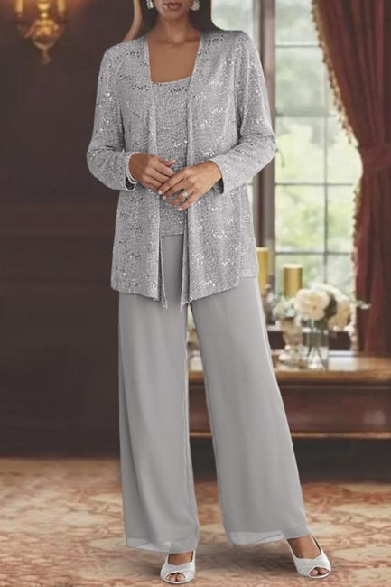 Wunderschönes langes silbernes Pailletten-Spitzenkleid für die Brautmutter mit Jacke