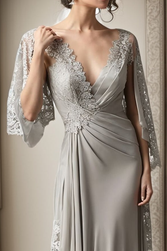 Hermoso vestido largo de satén para dama de honor con escote en V plateado y encaje para madre de la novia
