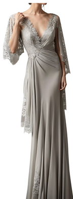 Hermoso vestido largo de satén para dama de honor con escote en V plateado y encaje para madre de la novia