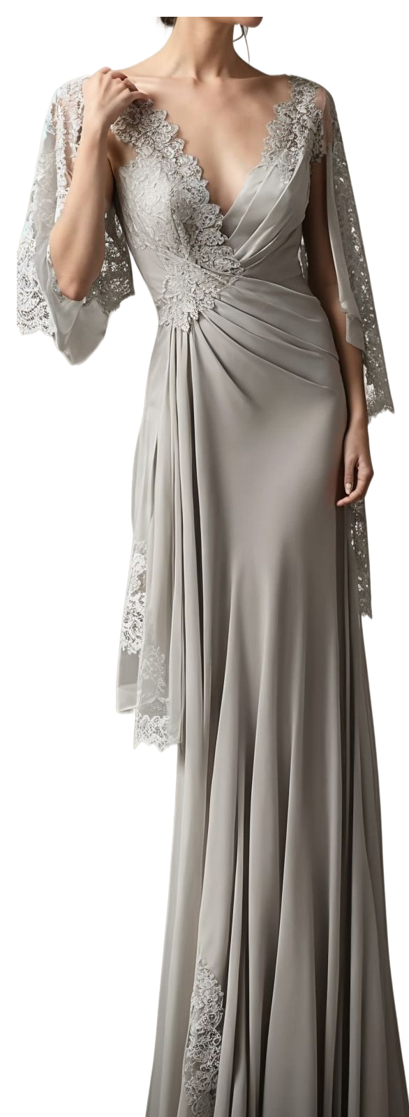 Hermoso vestido largo de satén para dama de honor con escote en V plateado y encaje para madre de la novia