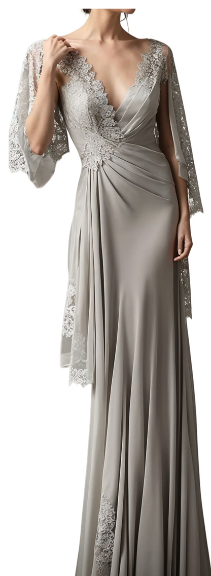 Beautiful Long Silver V-neck Mother of Bride Satin Bridesmaid Dress With Lace