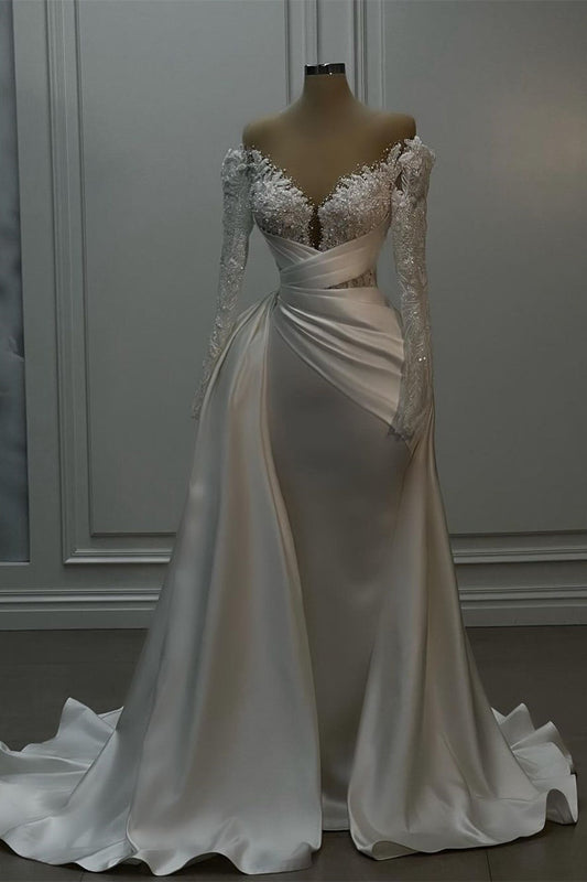 Wunderschönes langes weißes A-Linien-Brautkleid aus Spitzensatin mit langen Ärmeln