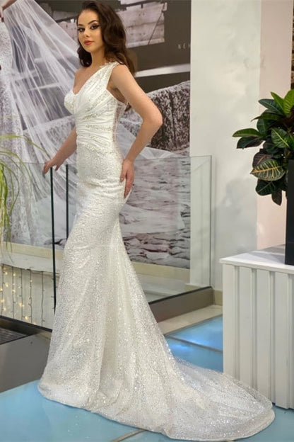 Wunderschönes langes weißes One-Shoulder-ärmelloses Meerjungfrau-Abendkleid mit Glitzer