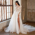 Beautiful Luxury Bohemian High Fork Wedding Dresses A-Line High Neck Lace Tulle Beach Bridal Gown Long Sleeves Sweep Train New-payinti