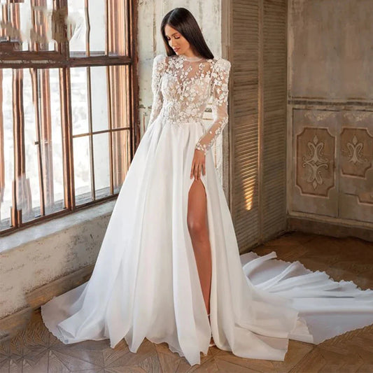 Beautiful Luxury Bohemian High Fork Wedding Dresses A-Line High Neck Lace Tulle Beach Bridal Gown Long Sleeves Sweep Train New-payinti