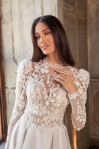 Beautiful Luxury Bohemian High Fork Wedding Dresses A-Line High Neck Lace Tulle Beach Bridal Gown Long Sleeves Sweep Train New-payinti