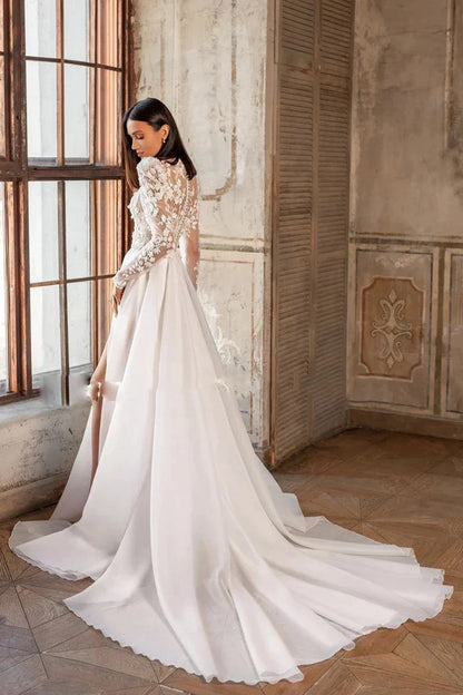 Beautiful Luxury Bohemian High Fork Wedding Dresses A-Line High Neck Lace Tulle Beach Bridal Gown Long Sleeves Sweep Train New-payinti