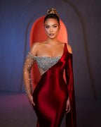 Wunderschöne Meerjungfrau One-Shoulder Langarm Strass Satin Chiffon Ballkleider
