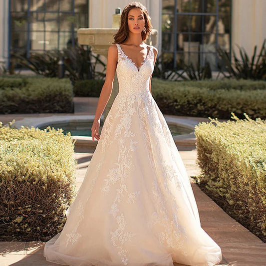 Beautiful Romantic A-line V-neck Sleeveless Sexy Backless Wedding Dresses New For Women Grace Flowers Gorgeous Bridal Gowns-payinti