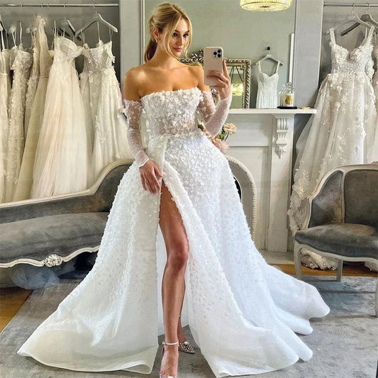 Beautiful Sexy Long Sleeved Wedding Dresses Spaghetti Straps Simple White Backless Pleat High Split Princess Bride Gowns 2024-payinti