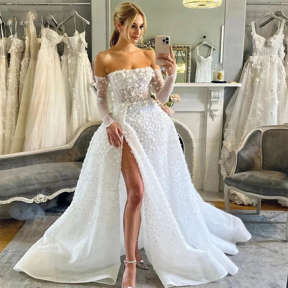 Beautiful Sexy Long Sleeved Wedding Dresses Spaghetti Straps Simple White Backless Pleat High Split Princess Bride Gowns 2024-payinti